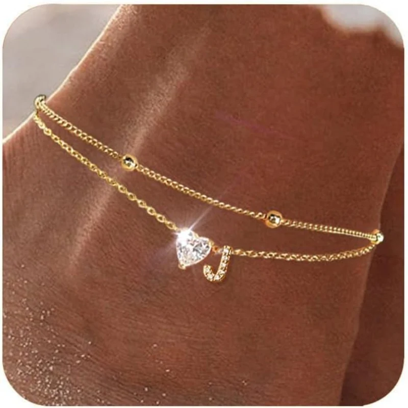 Gold Heart Charm Initial Anklet - Image 32