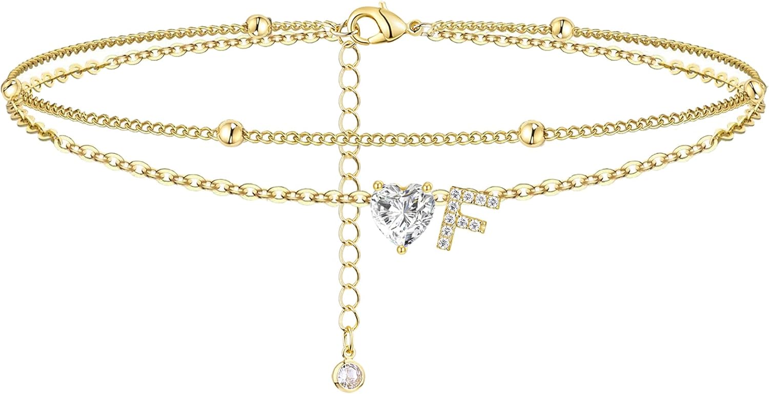 Gold Heart Charm Initial Anklet - Image 6