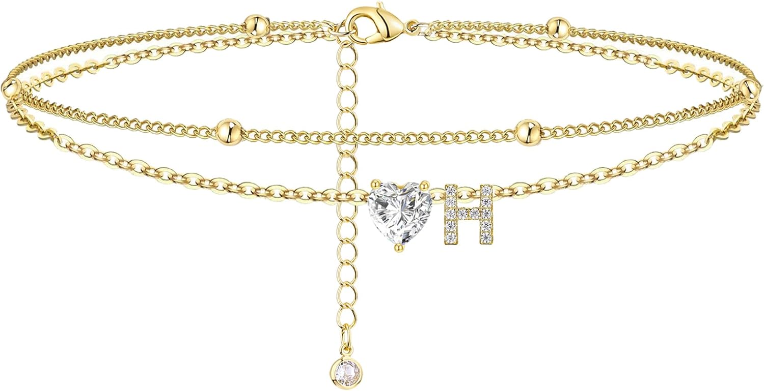 Gold Heart Charm Initial Anklet - Image 8