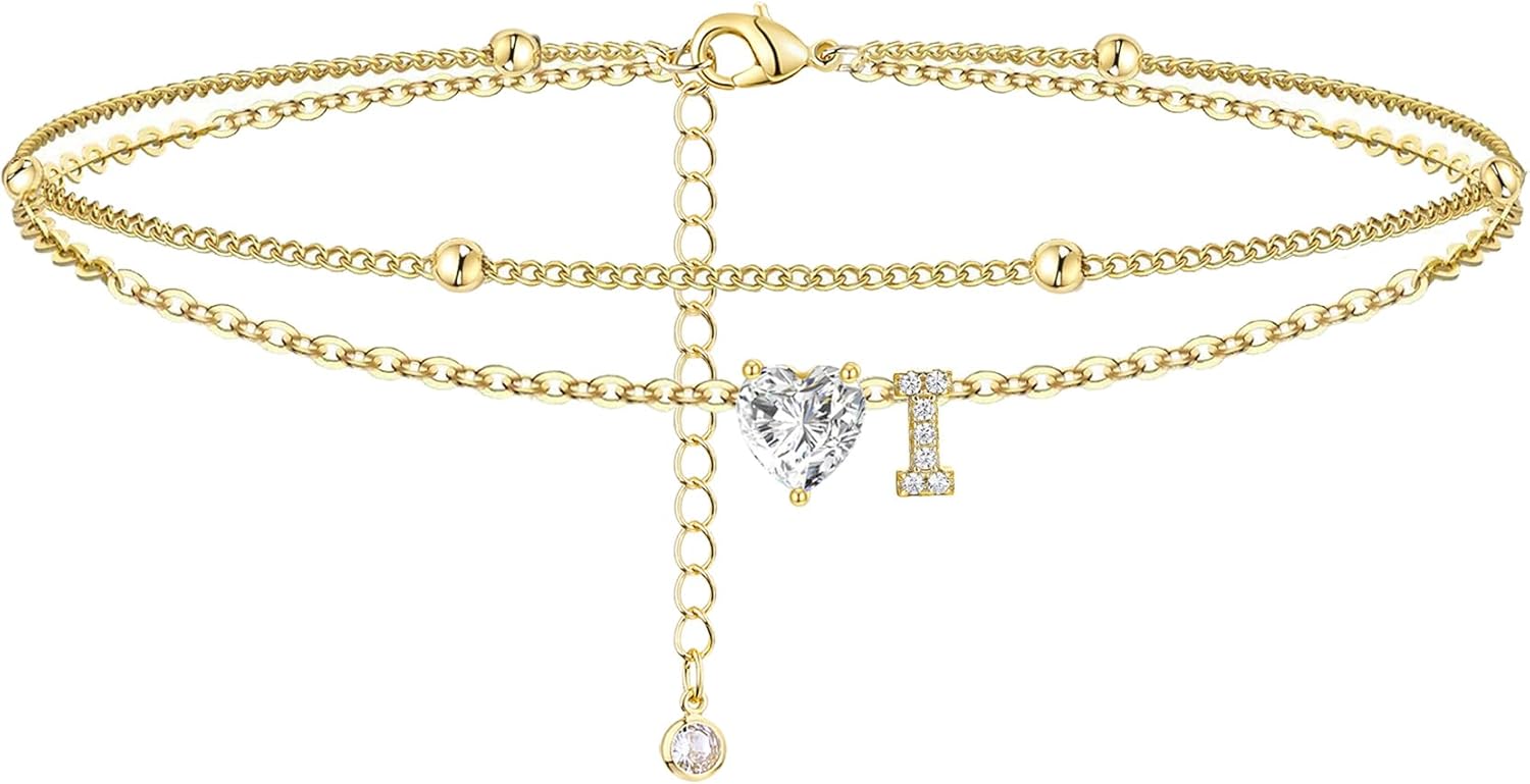 Gold Heart Charm Initial Anklet - Image 9
