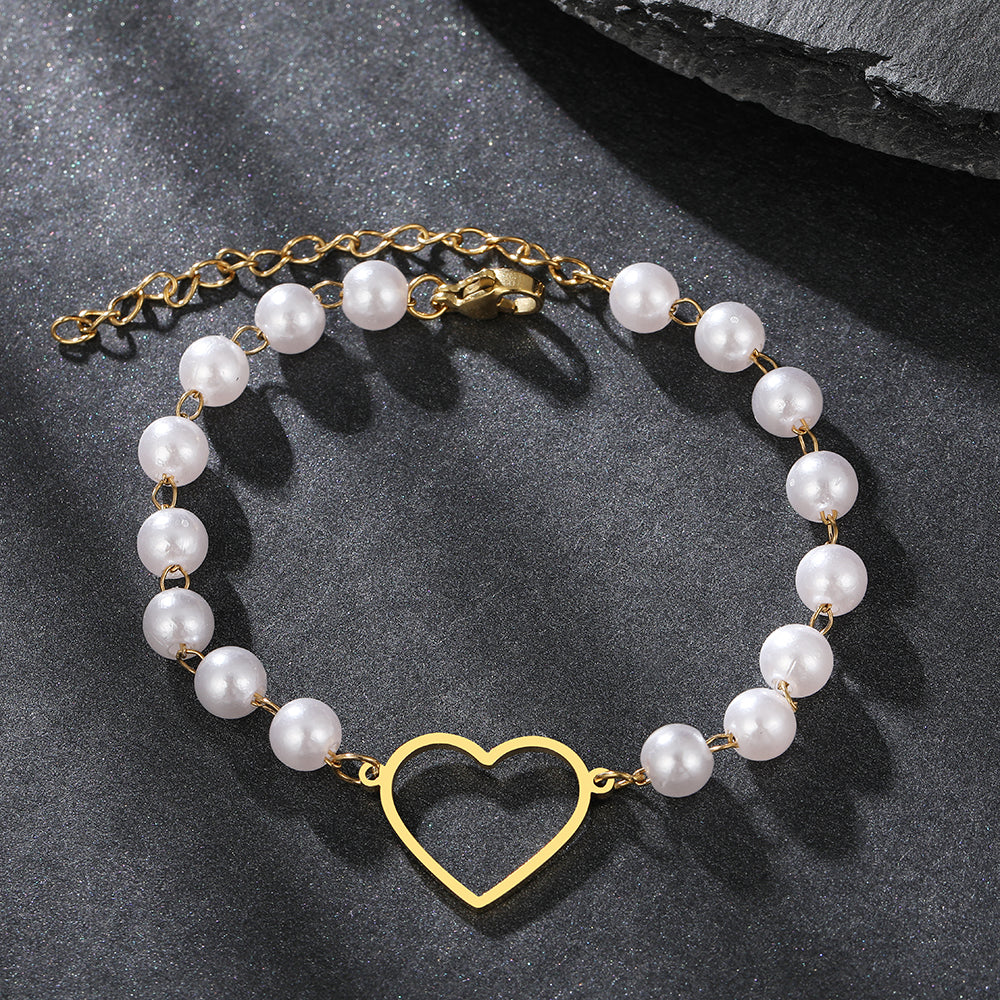Gold Heart & Pearl Chain Bracelet - Image 2