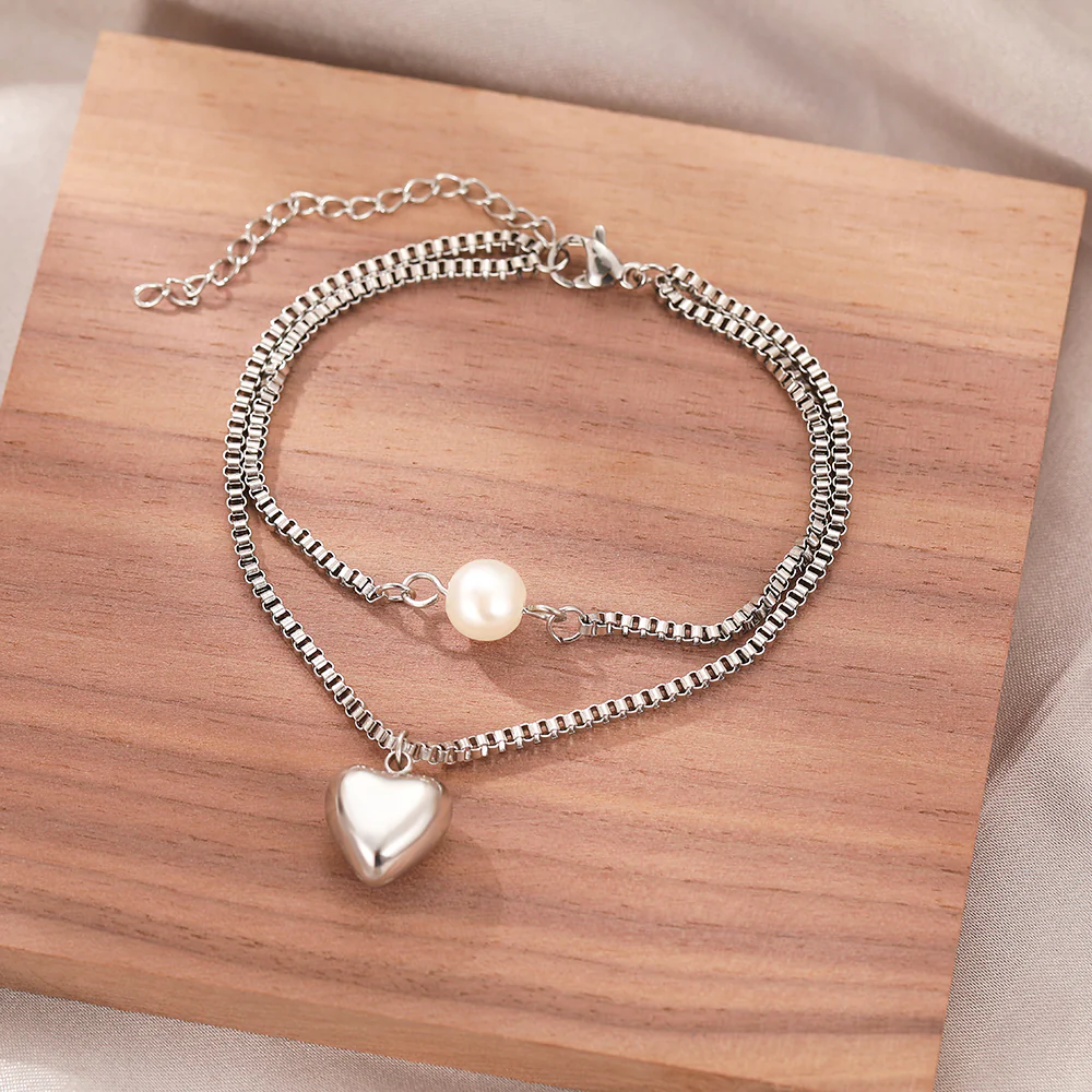 Gold Heart & Pearl Charm Bracelet Set - Image 2