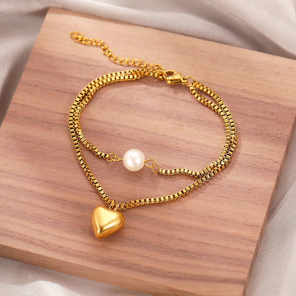 Gold Heart & Pearl Charm Bracelet Set - Image 3