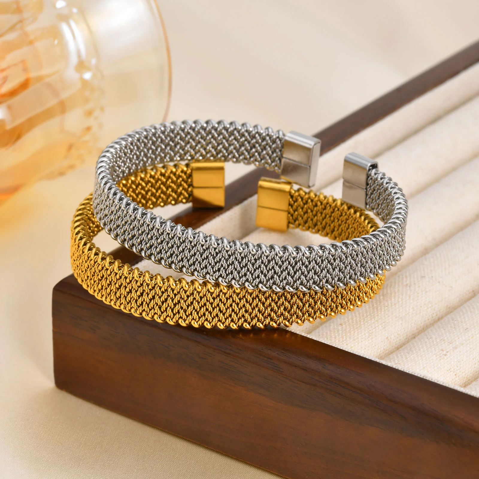 Gold Mesh Textured Cuff Bracelet - Image 5