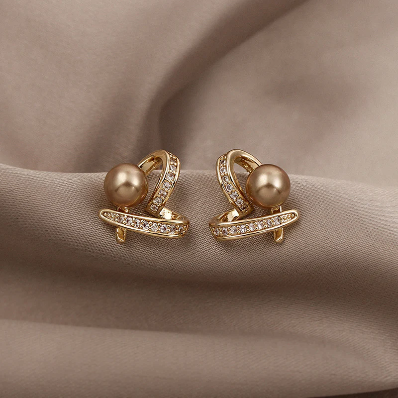 Gold Pearl Accent Stud Earrings - Image 2