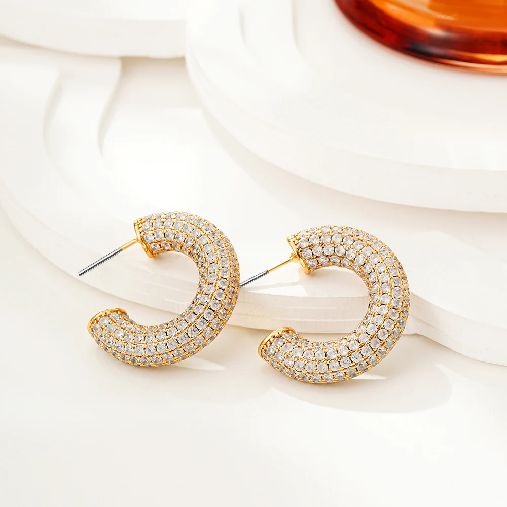 Gold Rhinestone C-Hoop Earrings - Image 2