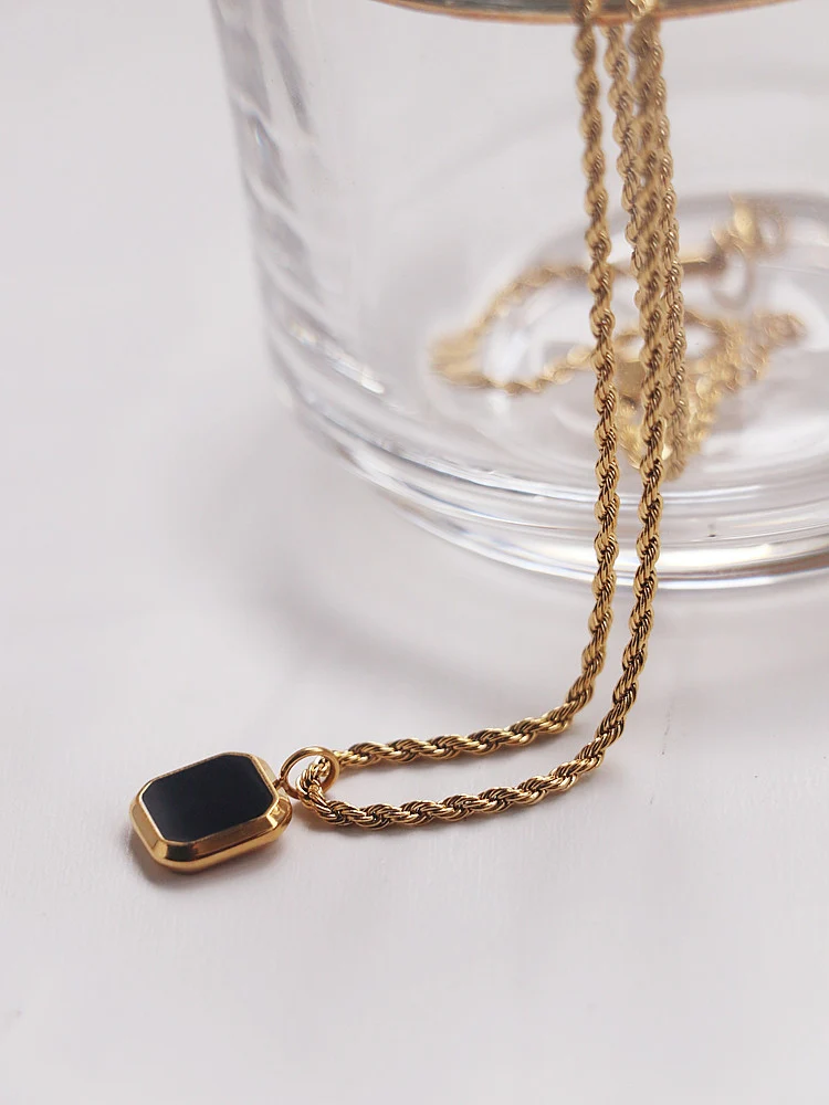 Gold Rope Chain Necklace with Black Square Pendant - Image 2