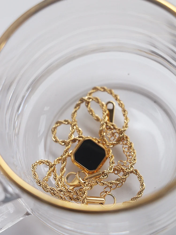 Gold Rope Chain Necklace with Black Square Pendant - Image 3