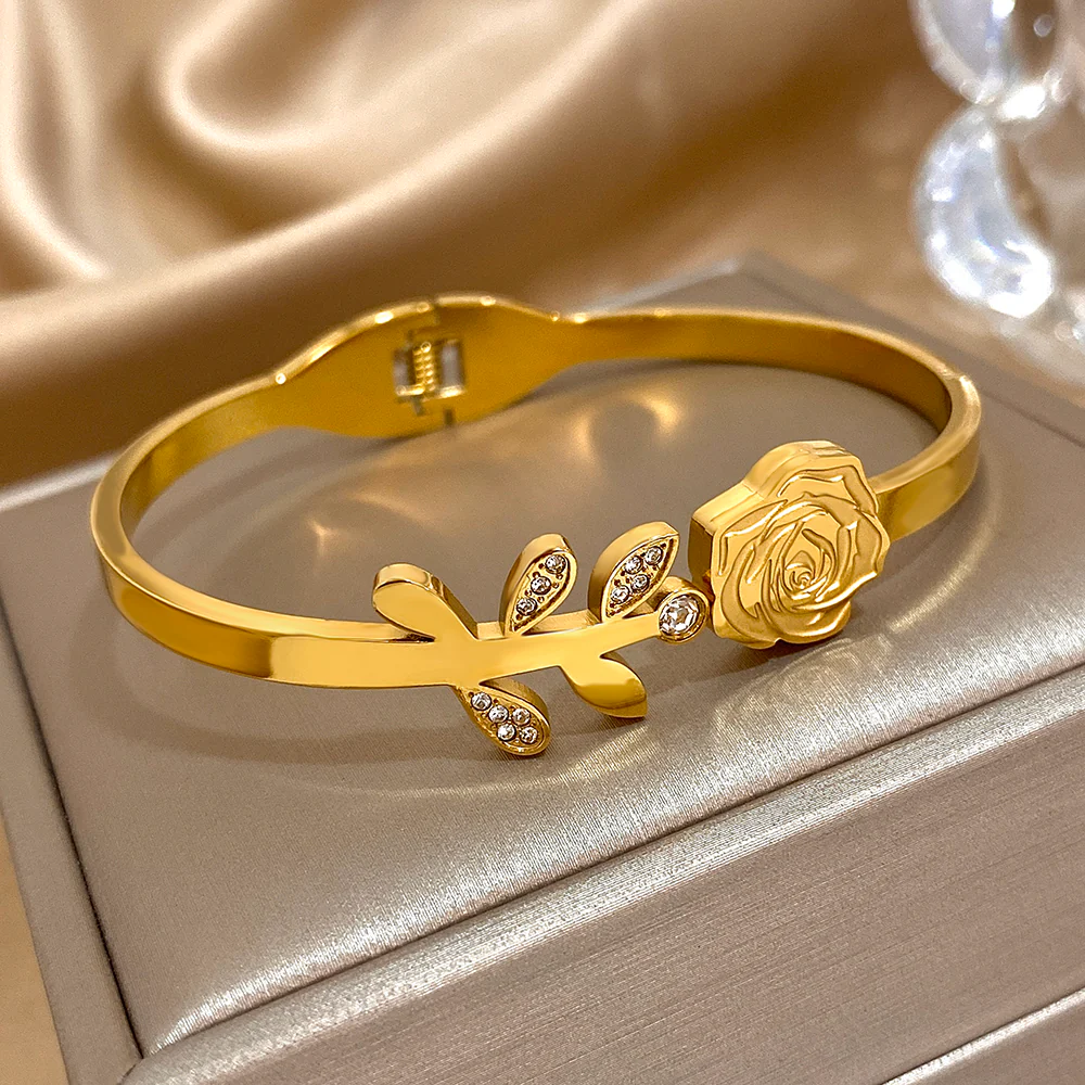 Gold Rose Stem Bangle Bracelet - Image 2