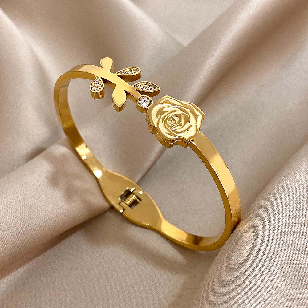 Gold Rose Stem Bangle Bracelet - Image 3