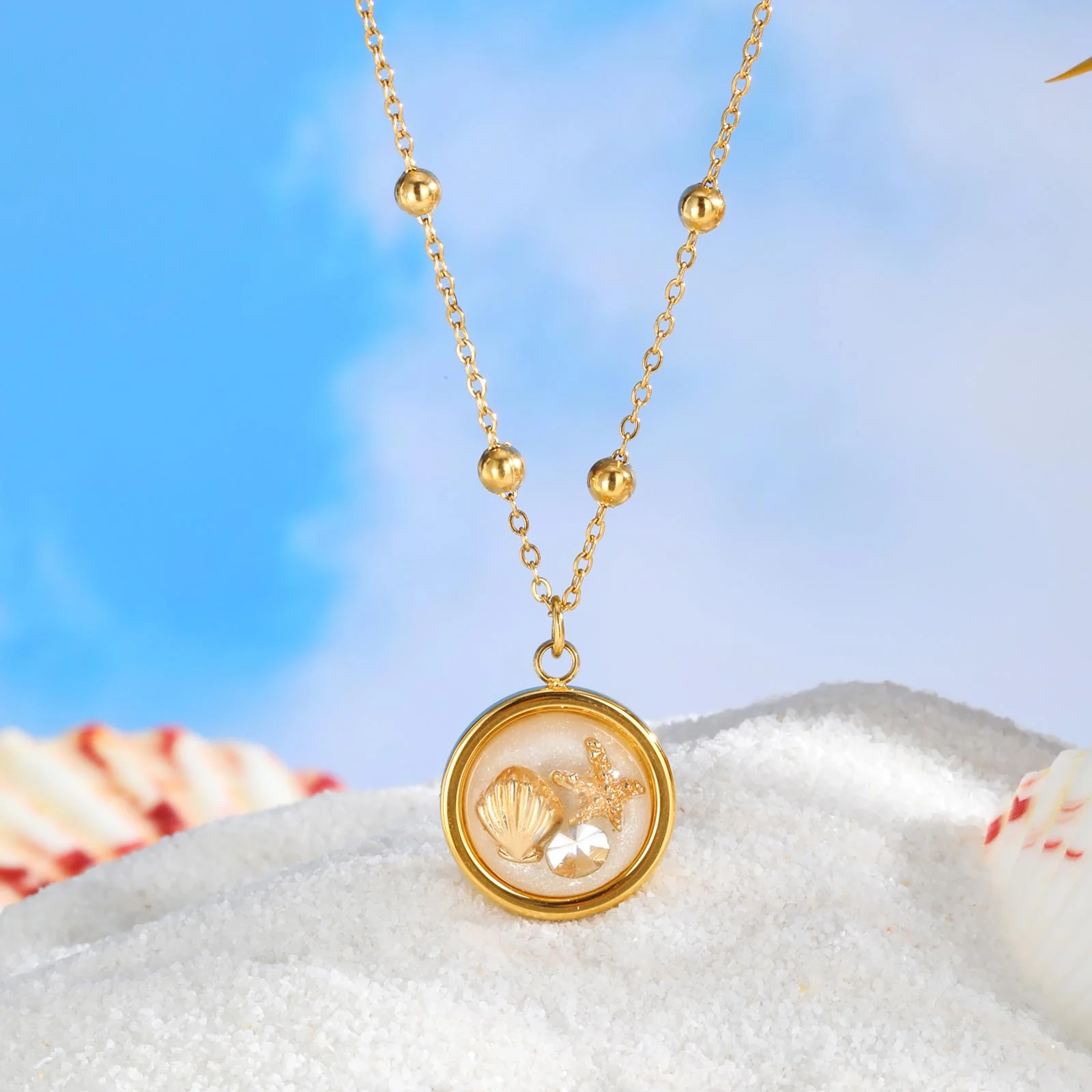Gold Shell Charm Necklace with Crystal Pendant - Image 4