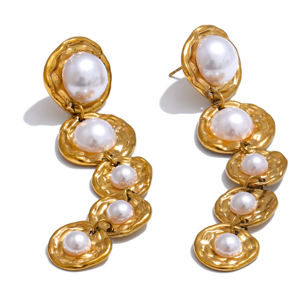 Gold Textured Pearl Drop Earrings - Image 2