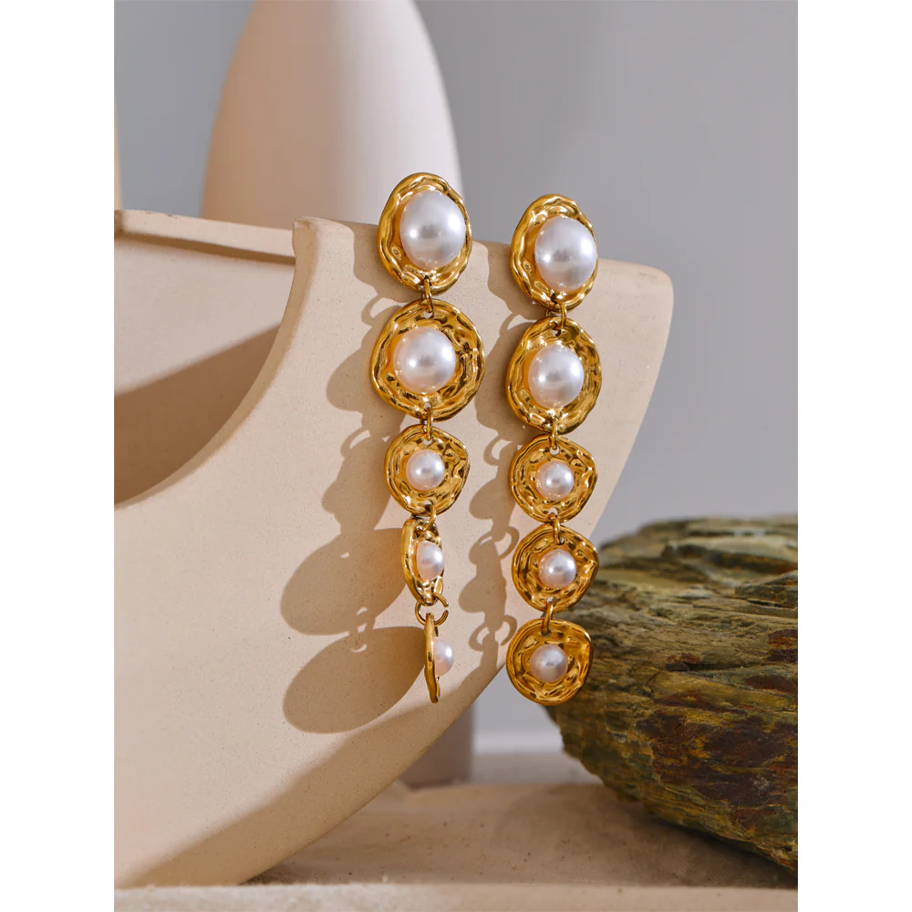 Gold Textured Pearl Drop Earrings - Image 3