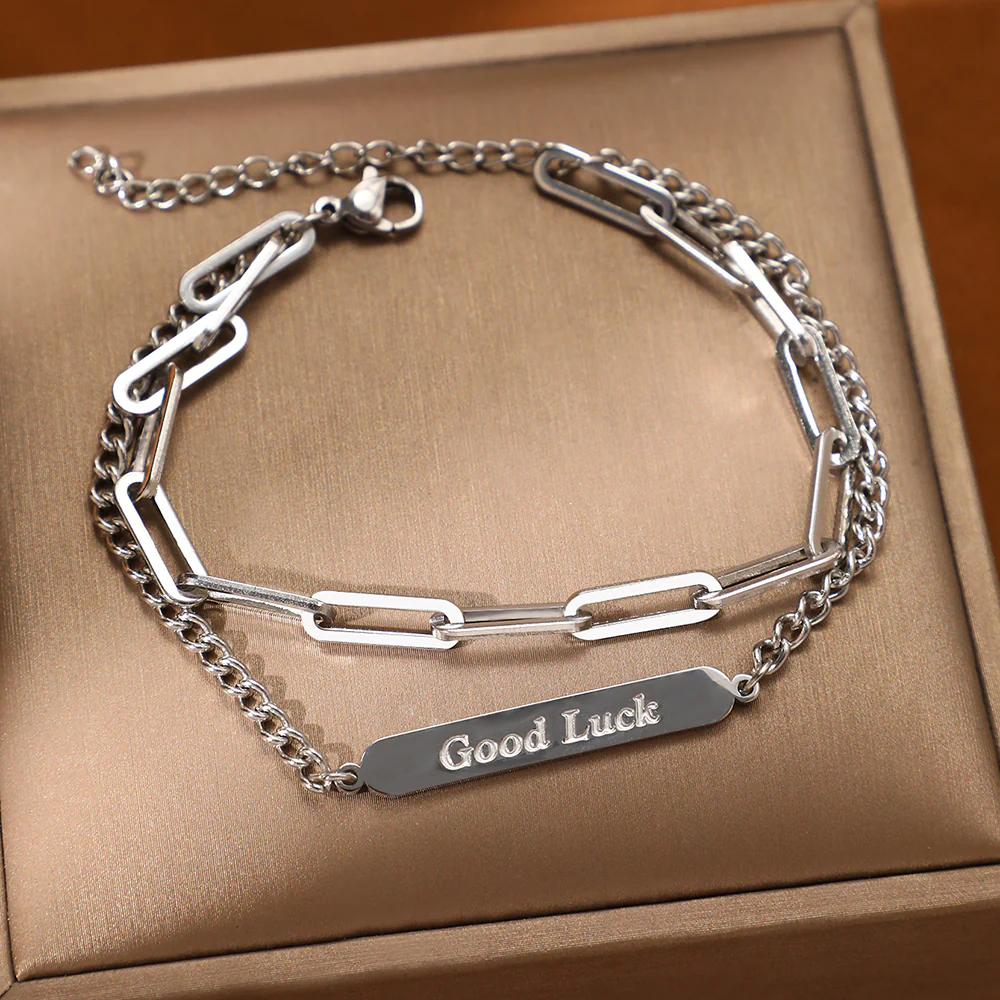 Good Luck Tag & Paperclip Chain Bracelet Set - Image 2