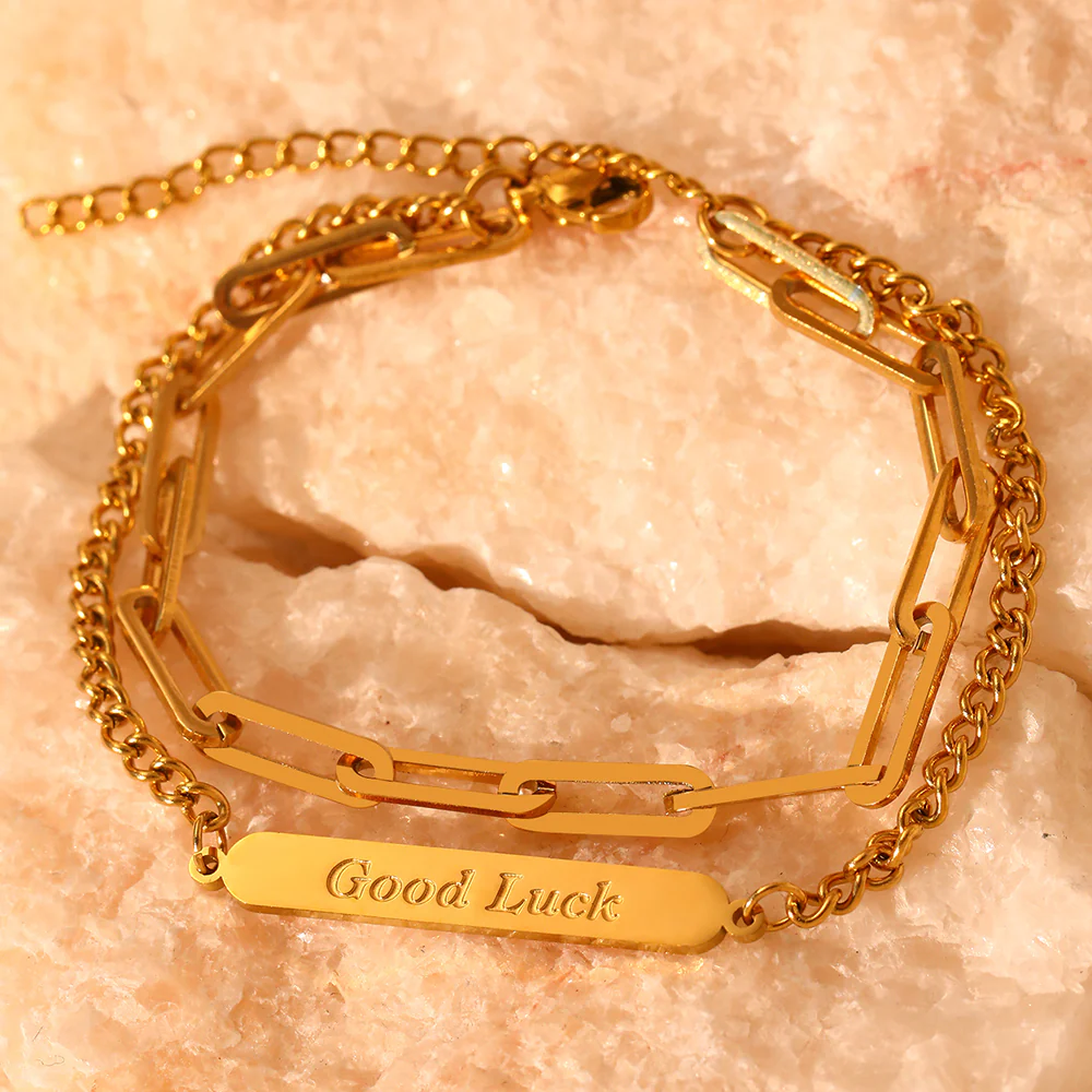 Good Luck Tag & Paperclip Chain Bracelet Set - Image 3