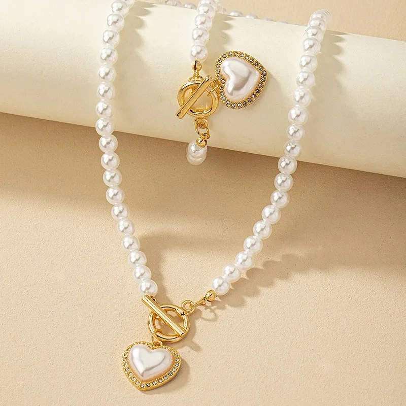 Heart Shaped Pearl Necklace & Bracelet Set - Image 3