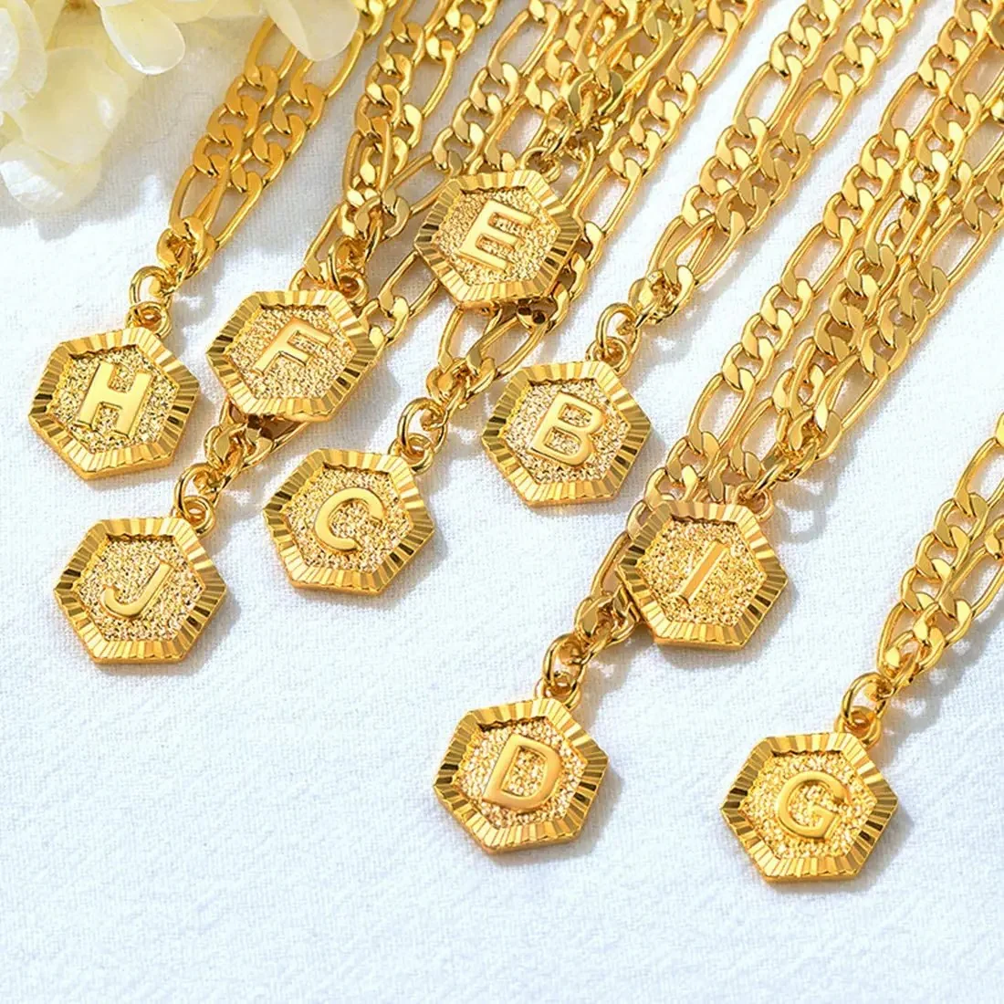 Hexagon Initial Letter Figaro Chain Anklet - Image 3