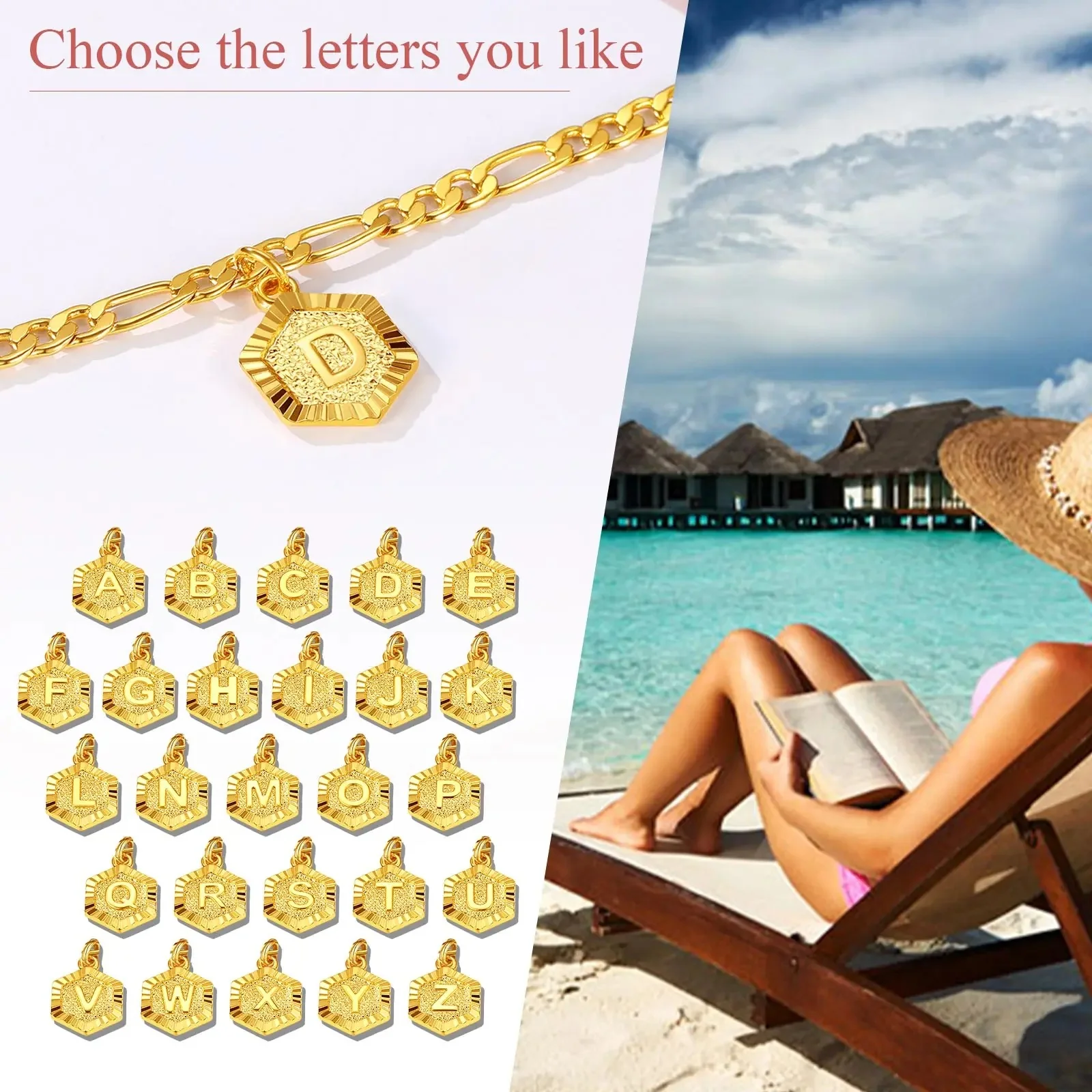 Hexagon Initial Letter Figaro Chain Anklet - Image 5