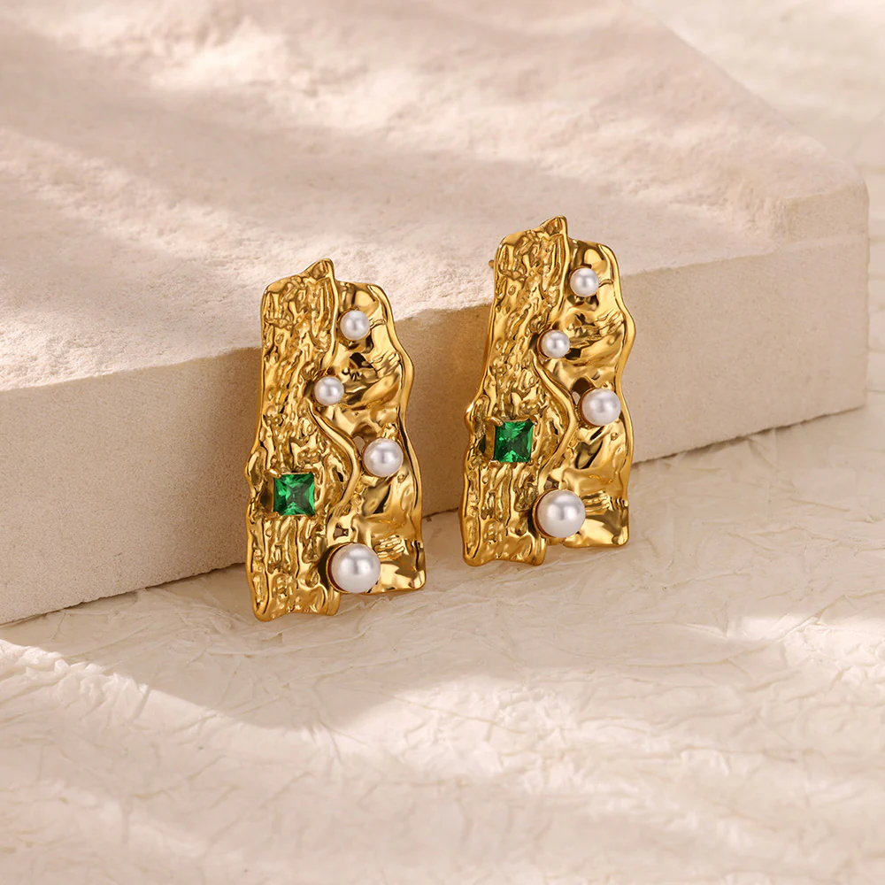 Irregular Gem & Pearl Drop Earrings - Image 2