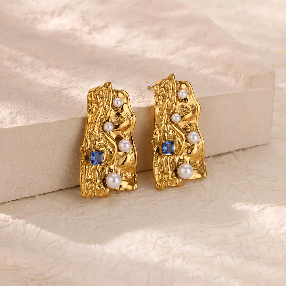 Irregular Gem & Pearl Drop Earrings - Image 3