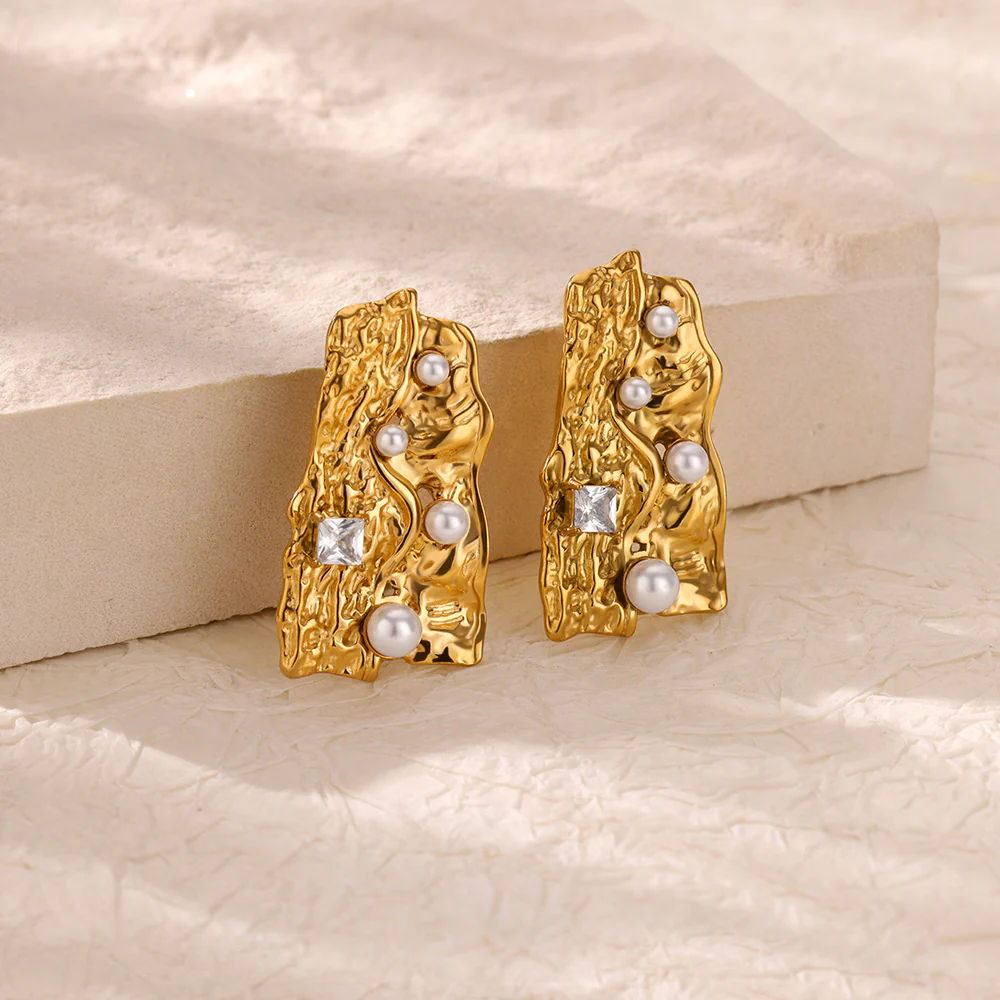 Irregular Gem & Pearl Drop Earrings - Image 4