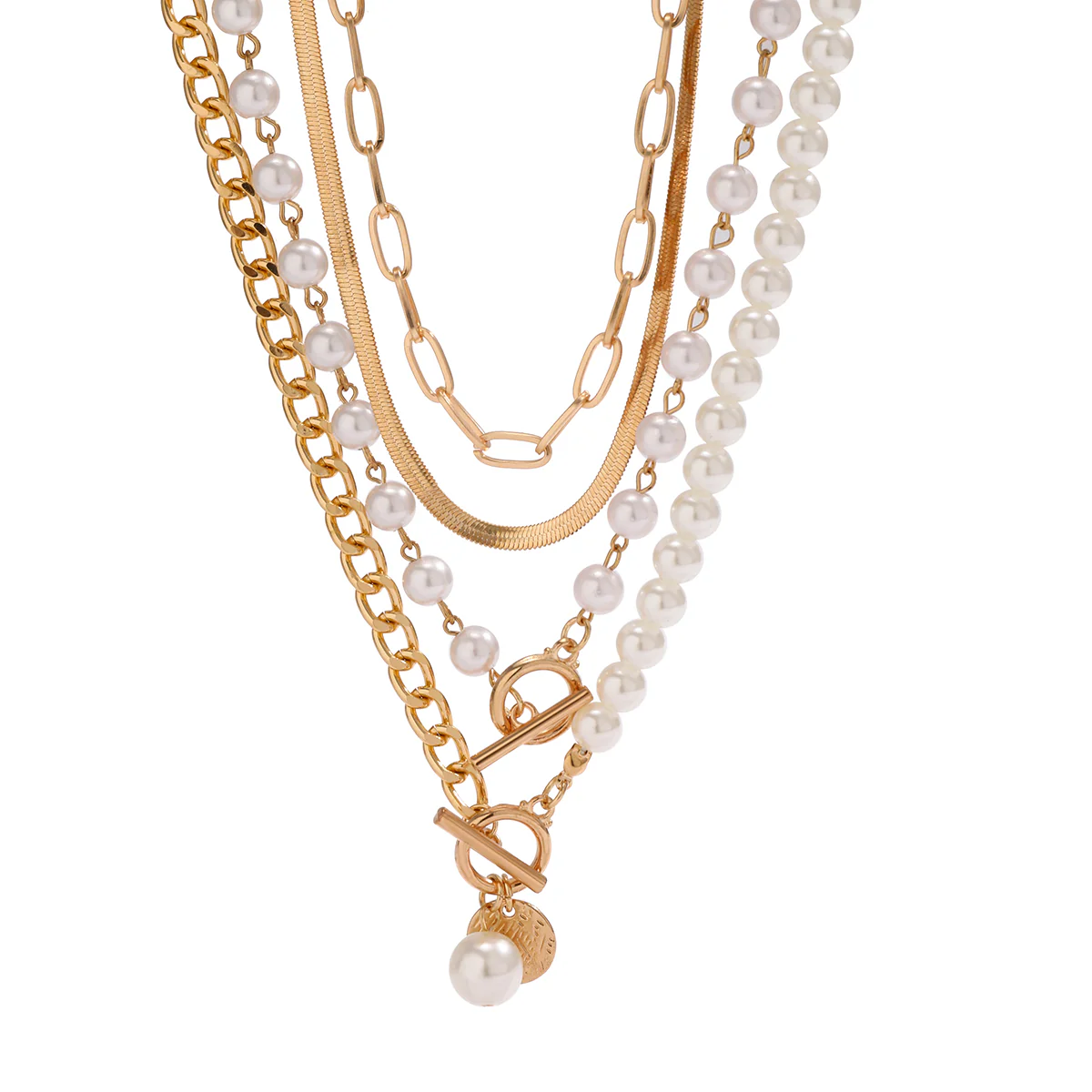 Layered Pearl and Chain Choker Necklace - Image 3