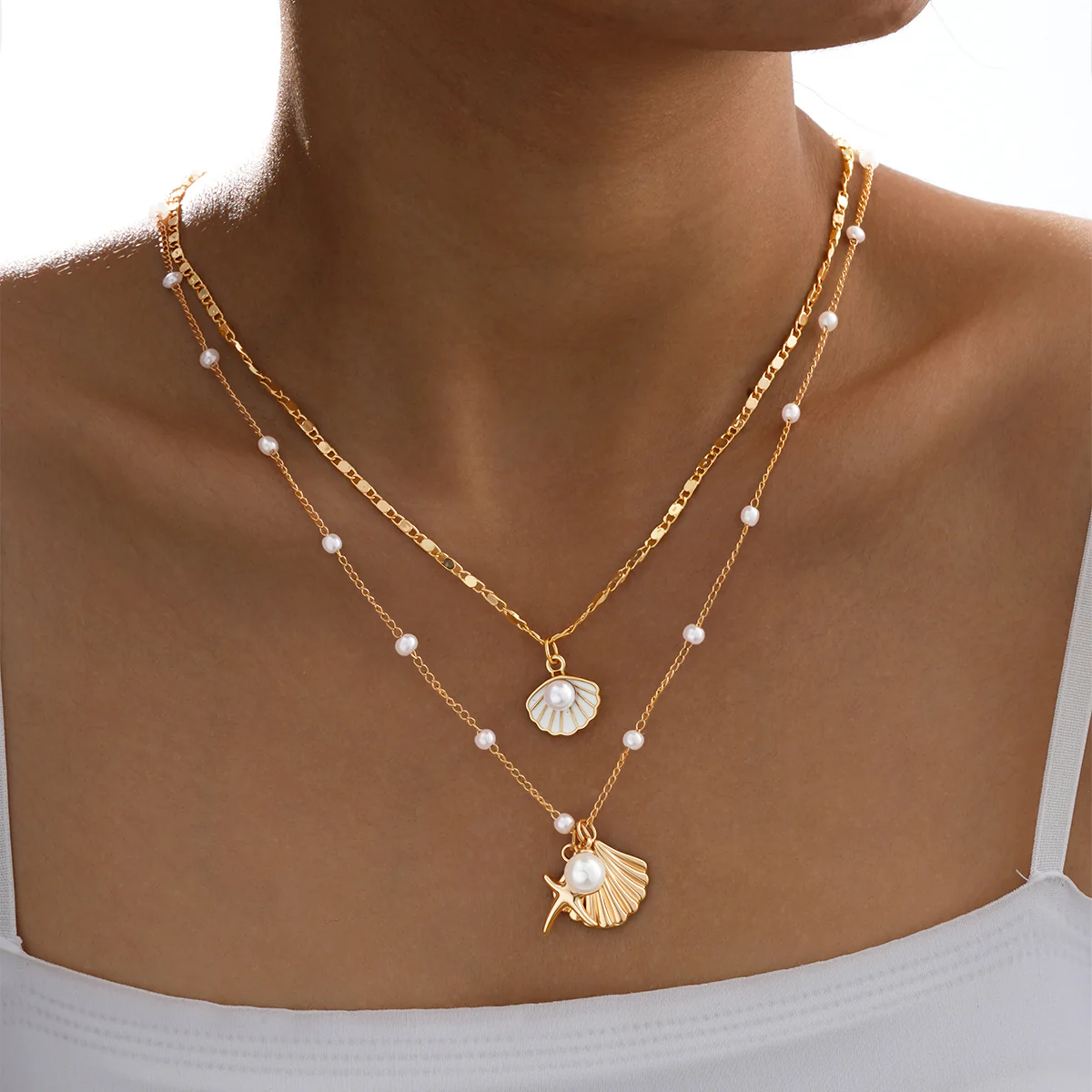 Layered Pearl Seashell Charm Necklace