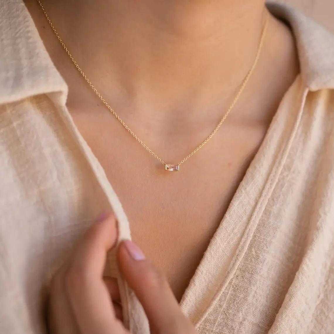 Minimal Baguette Square Birthstone Necklace - Image 3