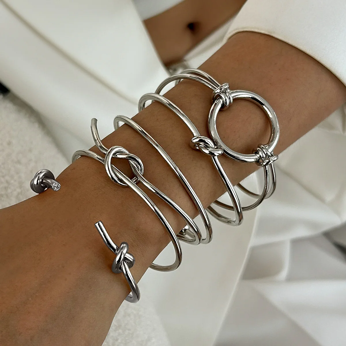 Multilayer Silver Hollow Knot Bangle Stack - Image 2