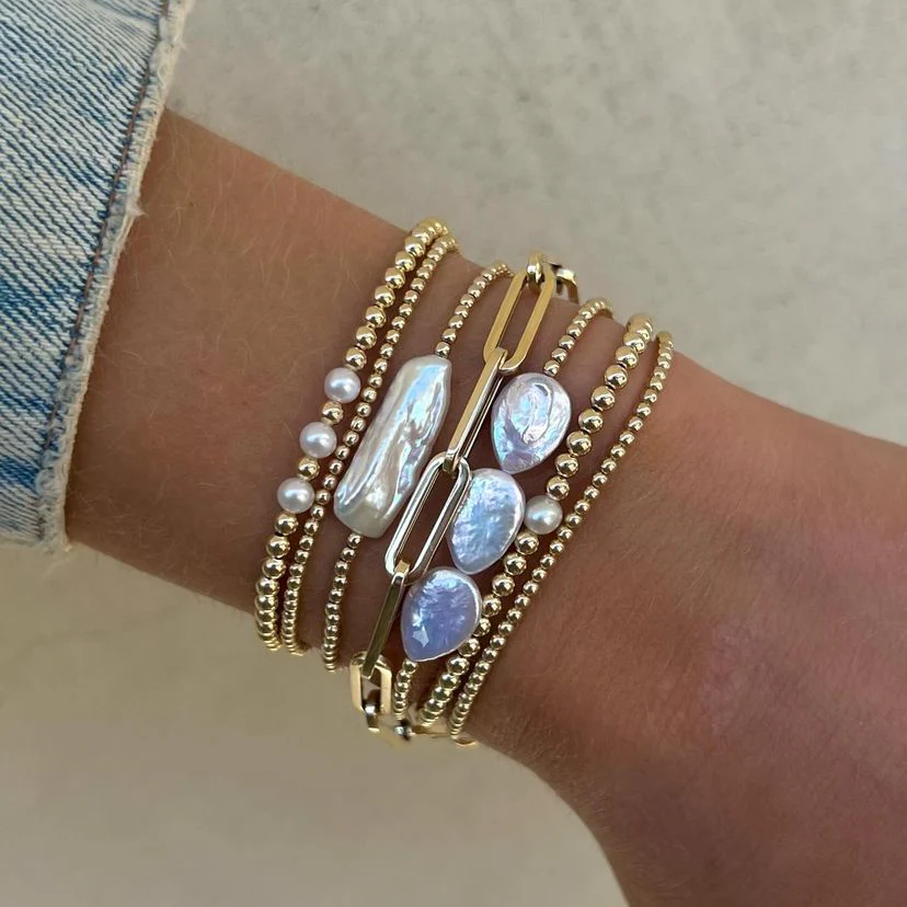 Natural Pearl & 18K Gold Bead Bracelet Set