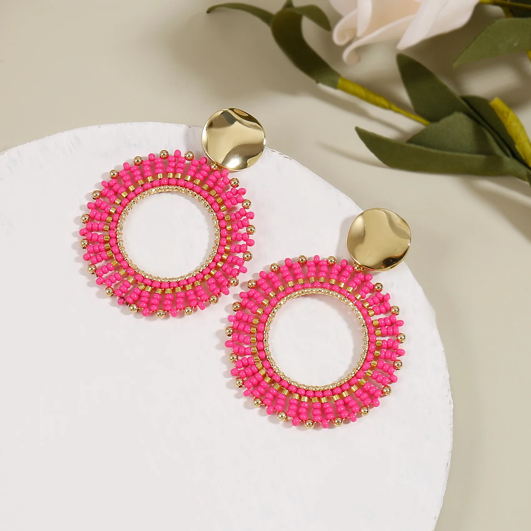 Orange Beaded Circle Drop Earrings - Image 2