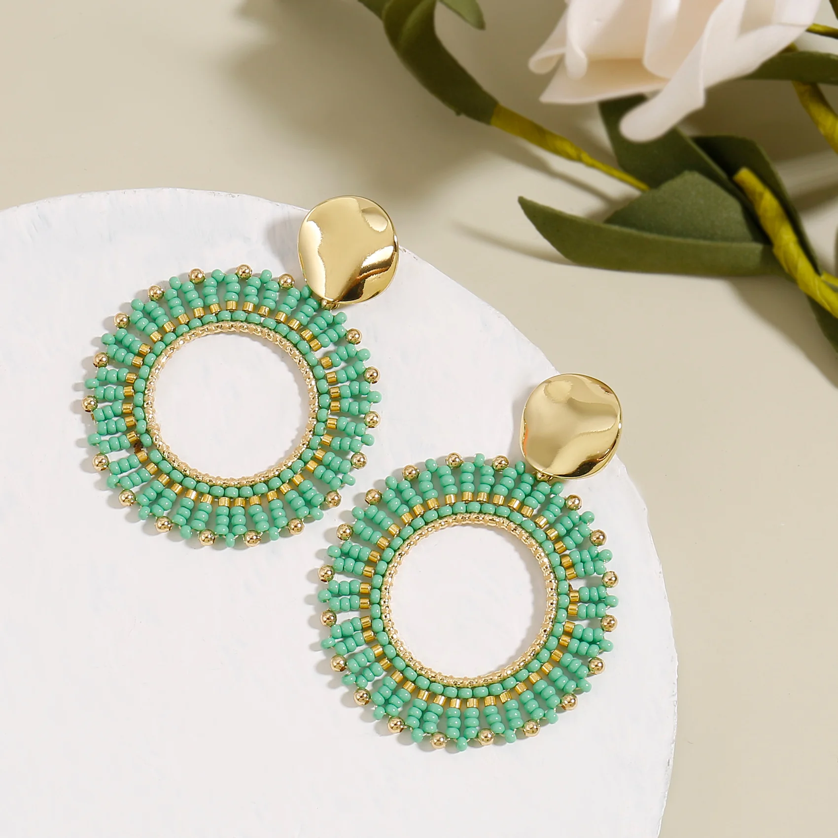 Orange Beaded Circle Drop Earrings - Image 3