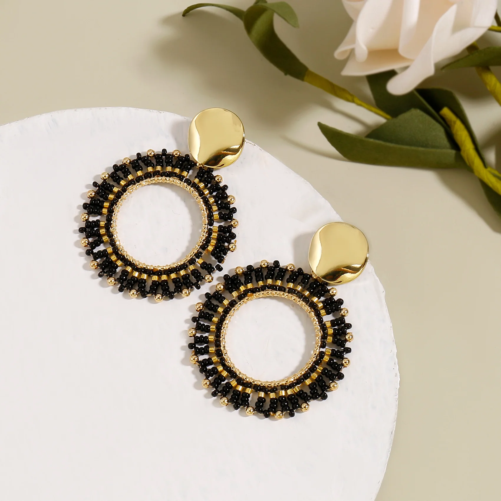 Orange Beaded Circle Drop Earrings - Image 4