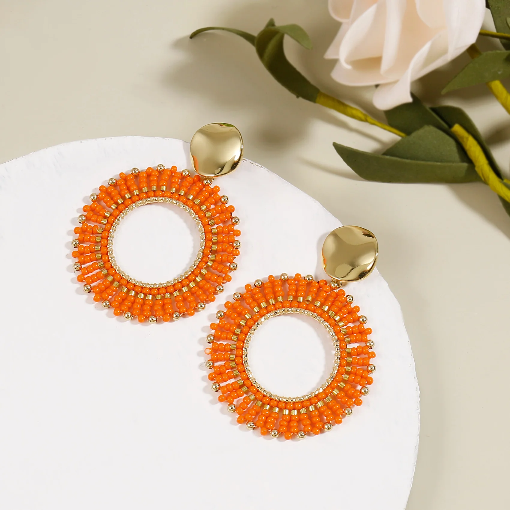 Orange Beaded Circle Drop Earrings - Image 5