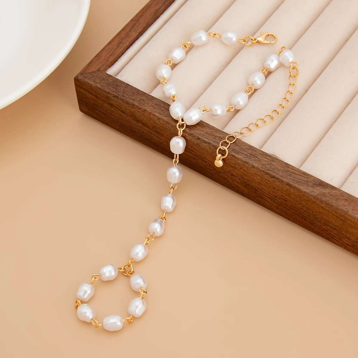Pearl Beaded Chain Ring Bracelet - Image 2