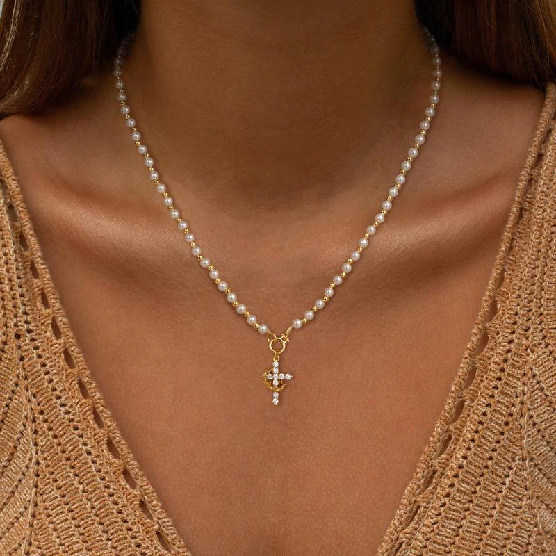Pearl Beaded Crown Cross Necklace - Image 2