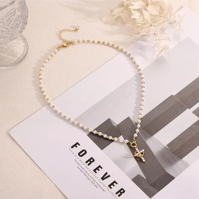 Pearl Beaded Crown Cross Necklace - Image 3