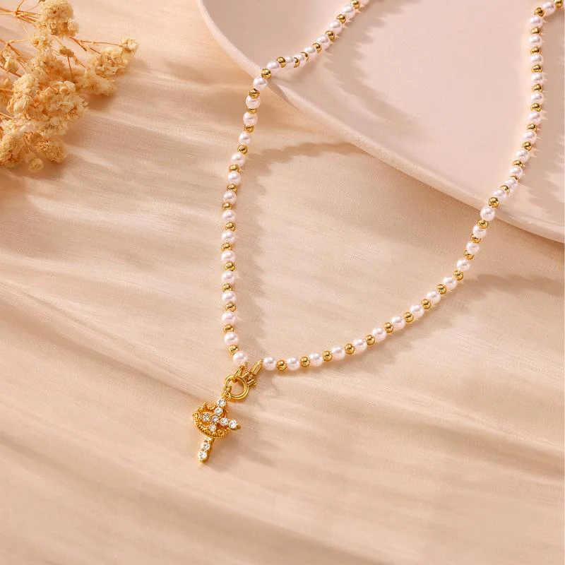 Pearl Beaded Crown Cross Necklace - Image 4