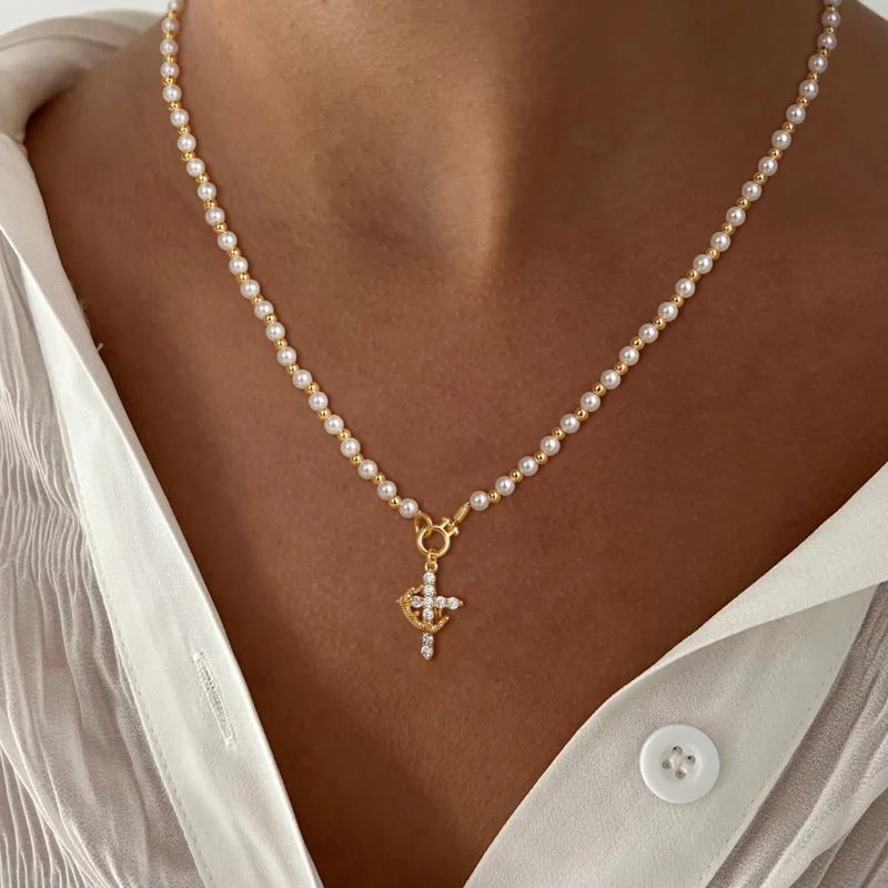 Pearl Beaded Crown Cross Necklace - Image 5