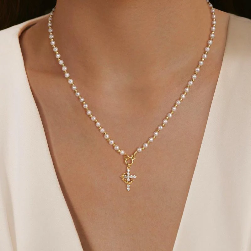 Pearl Beaded Crown Cross Necklace - Image 6