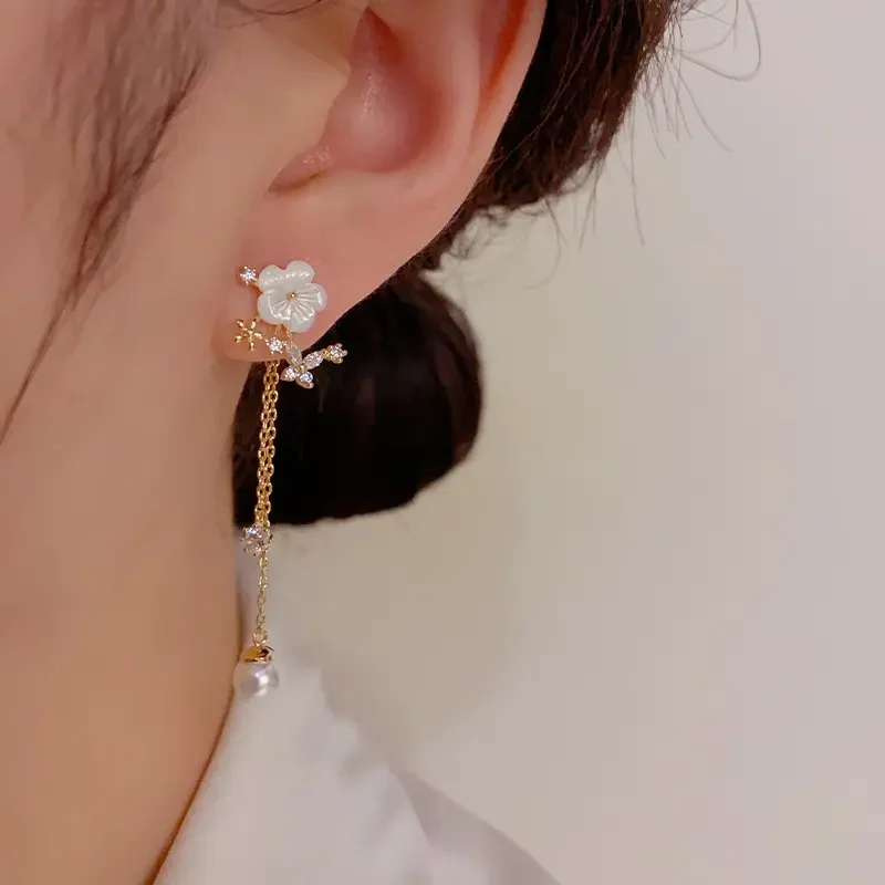 Pearl Flower Tassel Earrings - Image 2