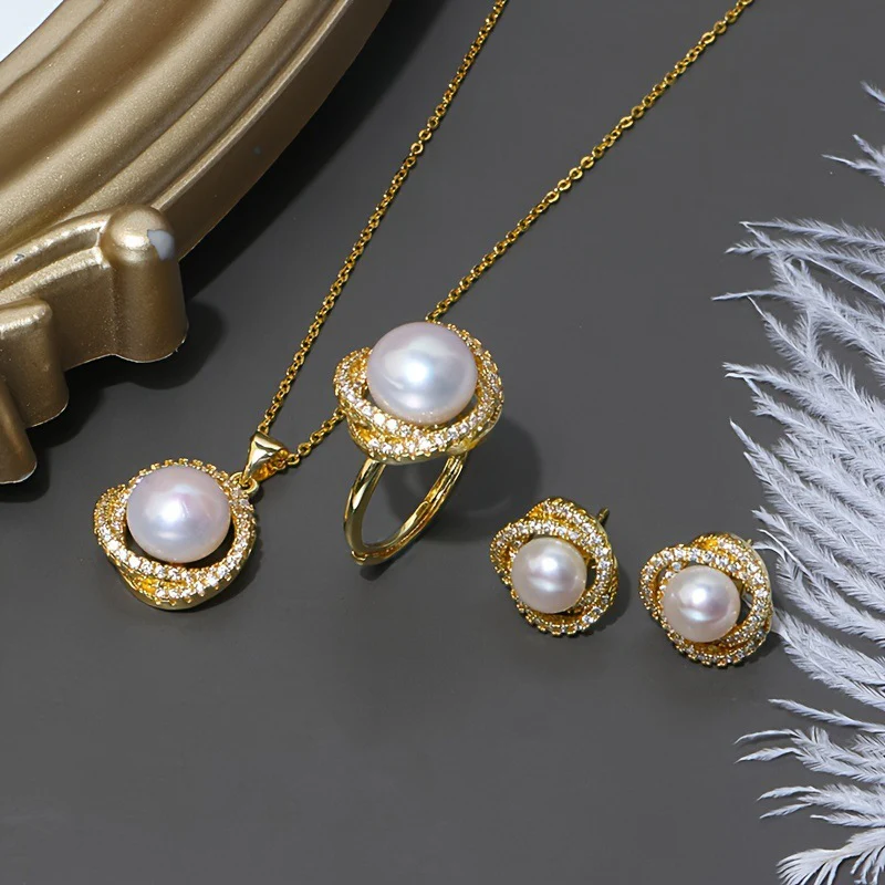 Pearl Geometric Necklace, Earrings & Ring Set - Image 2