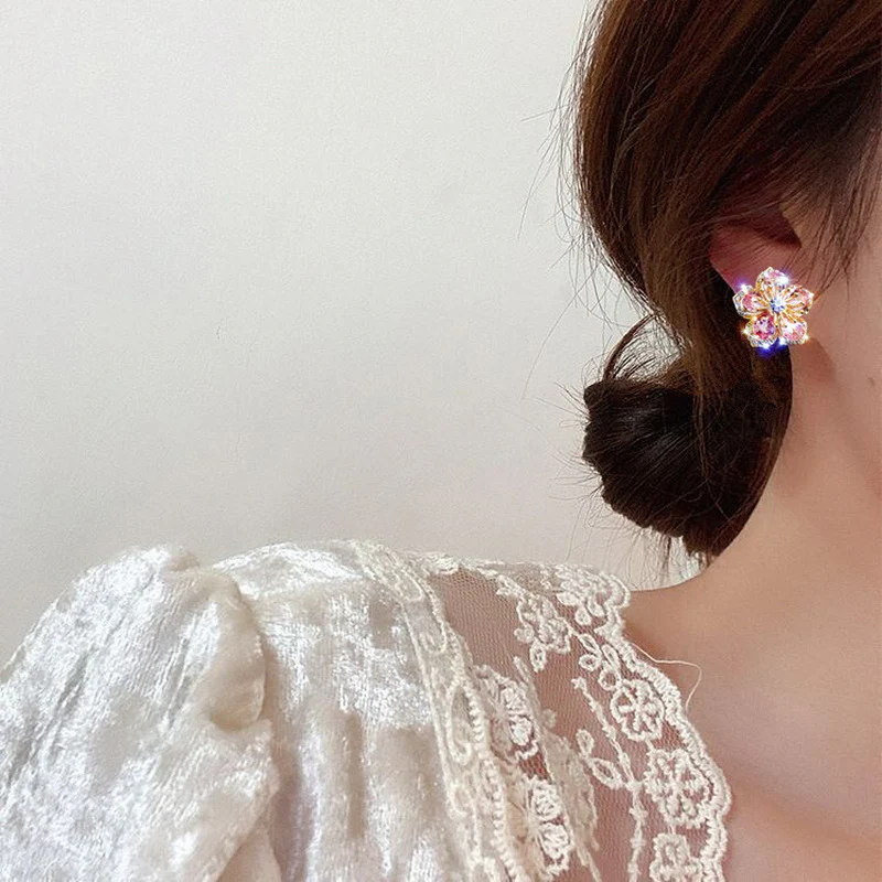 Pink Crystal Flower Stud Earrings