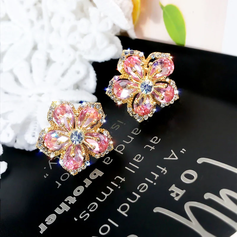 Pink Crystal Flower Stud Earrings - Image 2