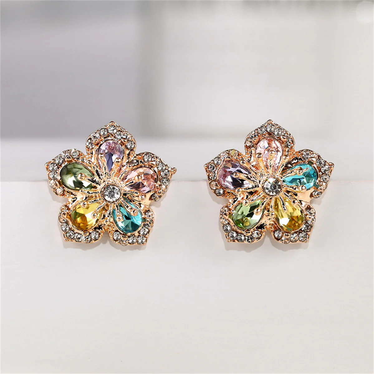 Pink Crystal Flower Stud Earrings - Image 3