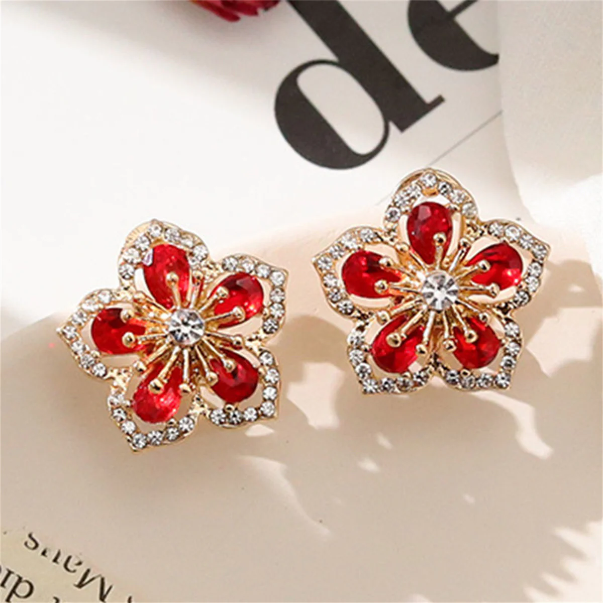 Pink Crystal Flower Stud Earrings - Image 4