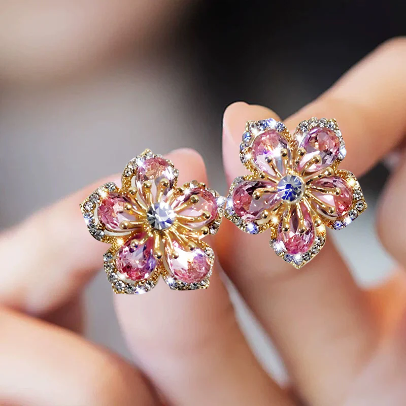 Pink Crystal Flower Stud Earrings - Image 5