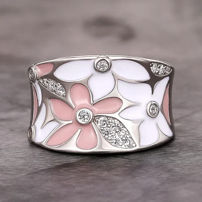 Pink Enamel Floral Band Ring - Image 2