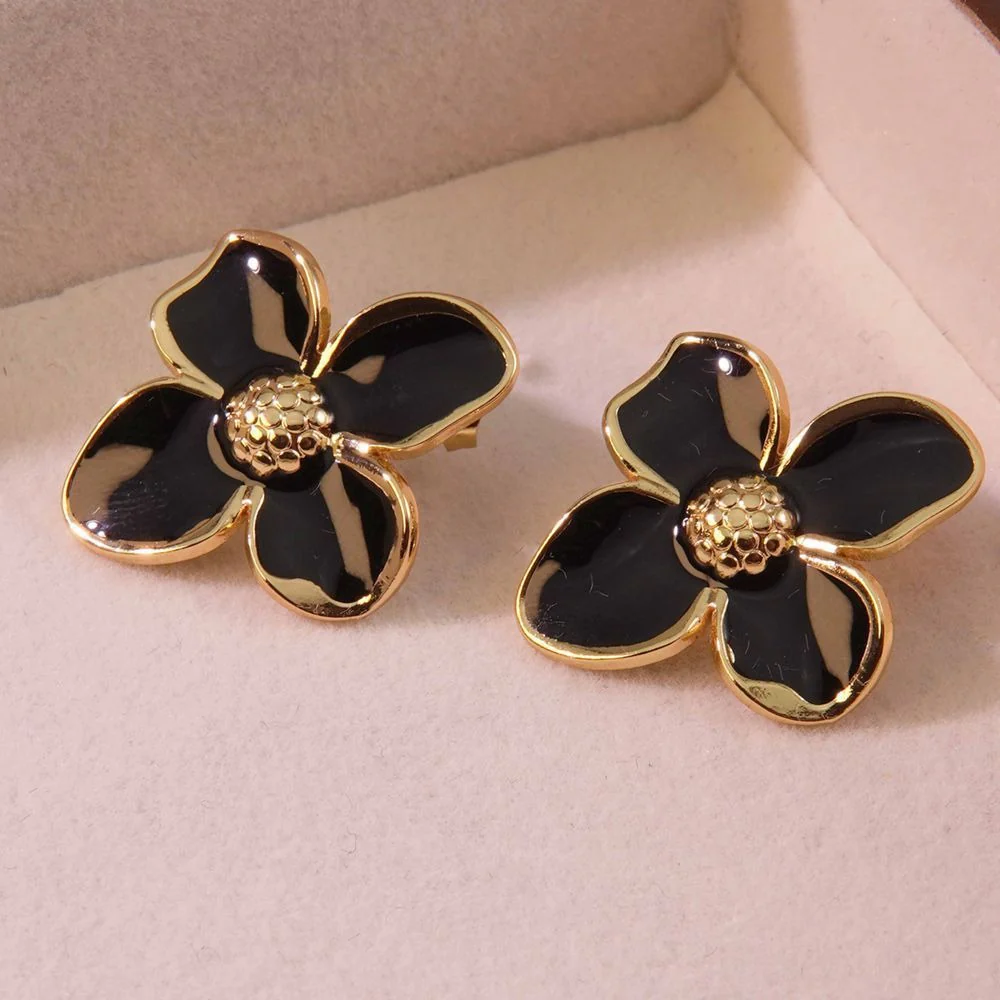 Pink Enamel Flower Stud Earrings - Image 2