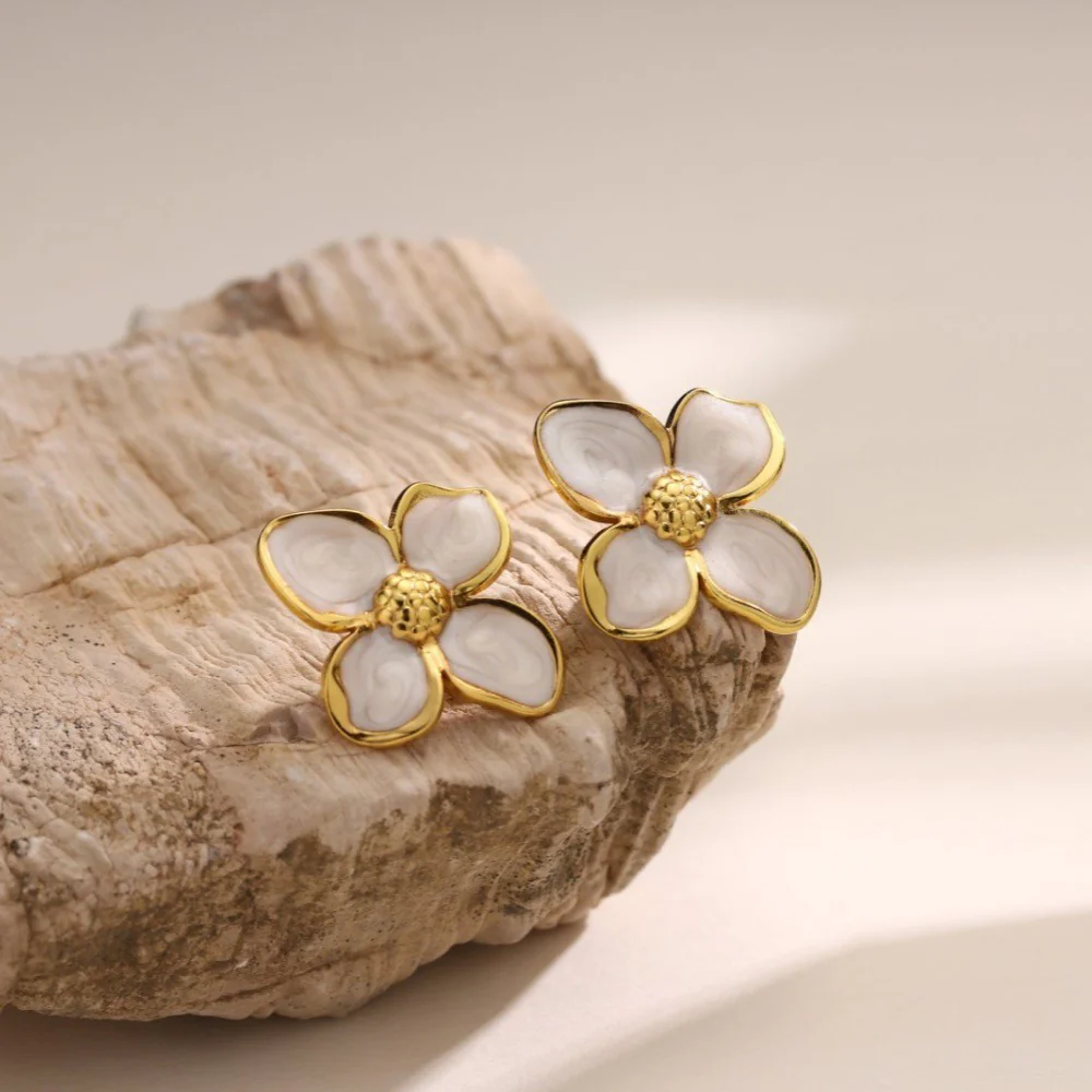 Pink Enamel Flower Stud Earrings - Image 3
